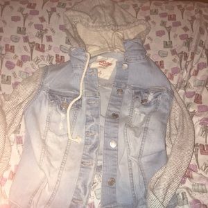 Denim jacket with striped sleeves